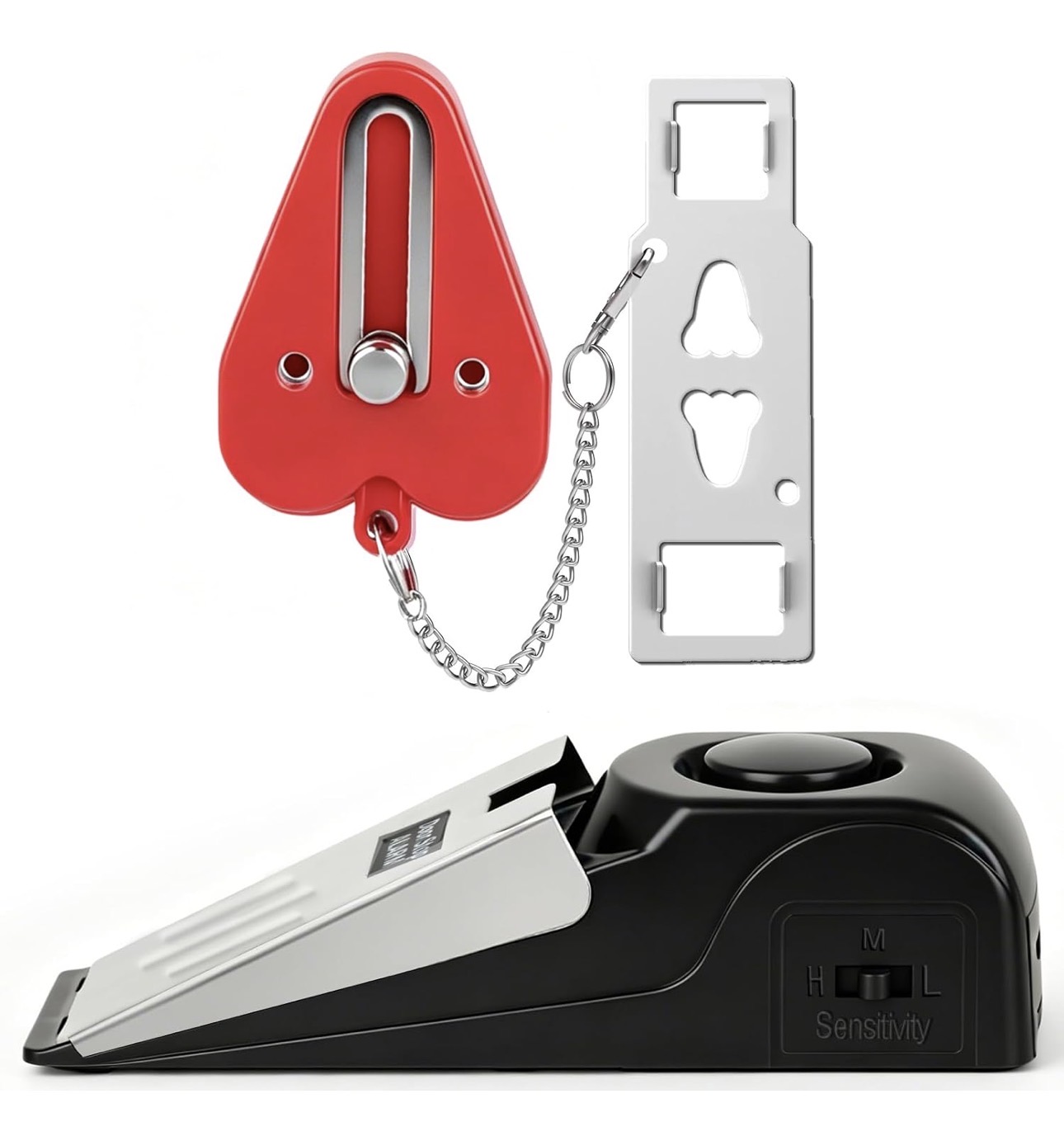 Travel safety tools including a portable door lock and a wedge door-stop alarm